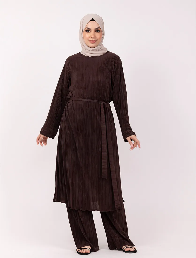 Brown Long Plisse Co Ord